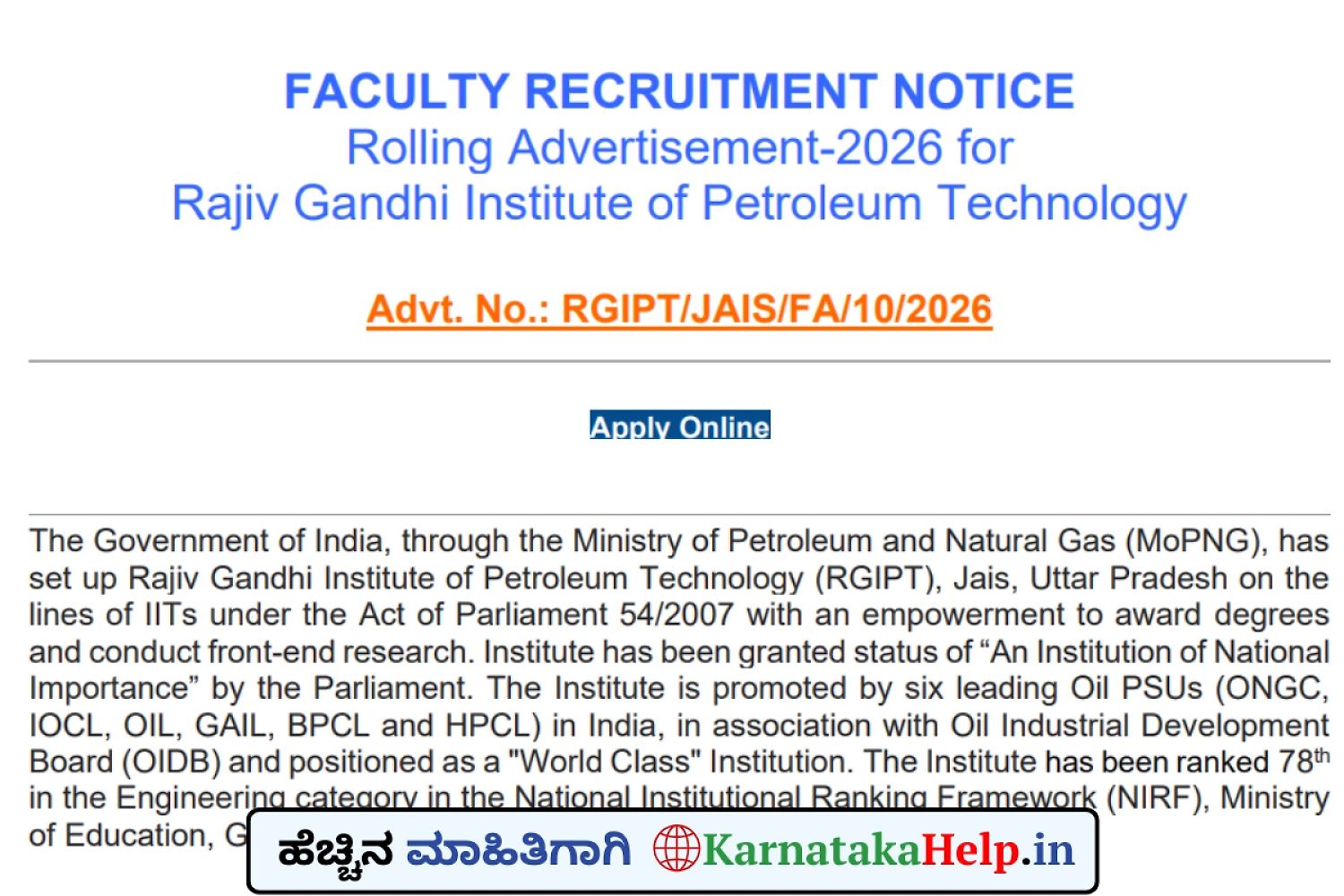 Rgipt Jais And Bengaluru Faculty Notification 2026