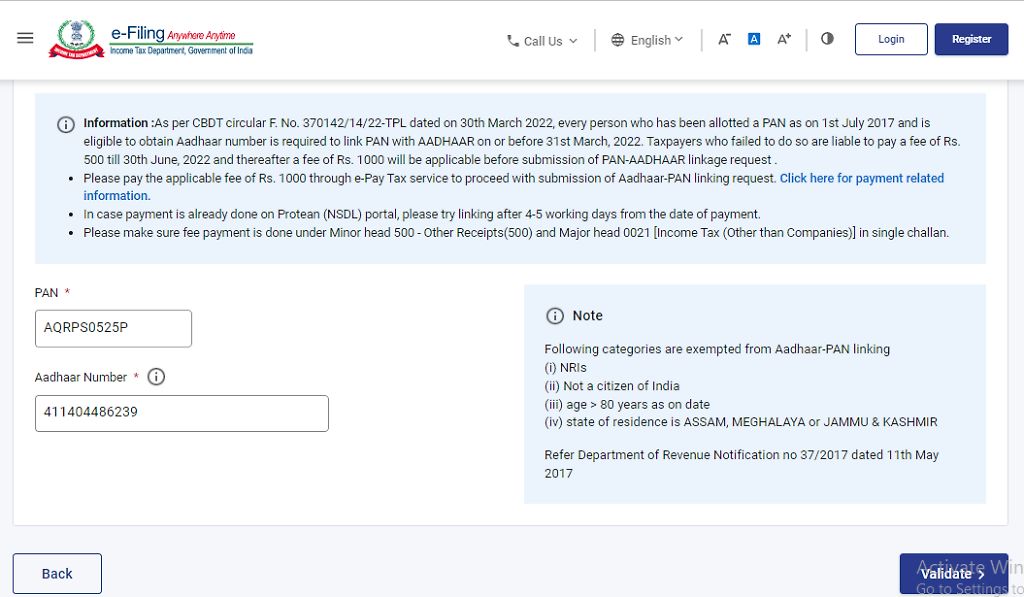 Pan Card Aadhaar Card Link Step 2