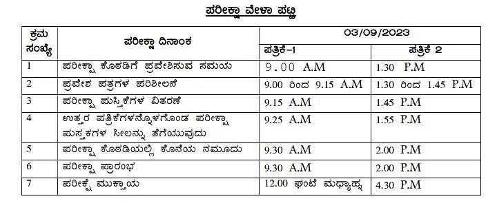 Karnataka Tet Exam Time Table