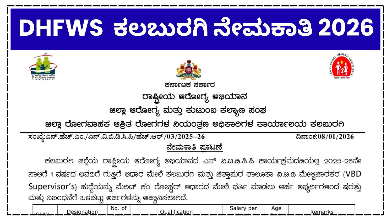Dhfws Kalaburagi Nvbdcp Vbd Supervisor Notification 2026