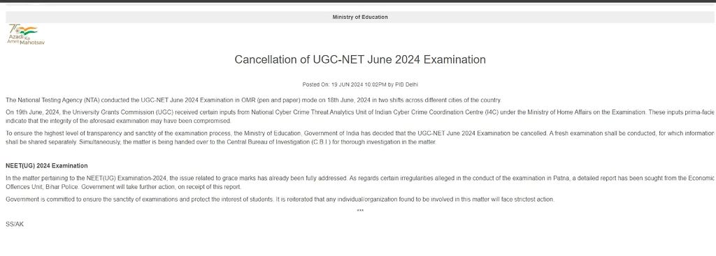 Ugc Net Exam Cancelled Notice
