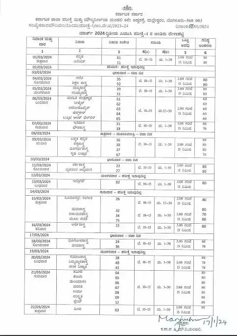2Nd Puc Final Exam Time Table 2024