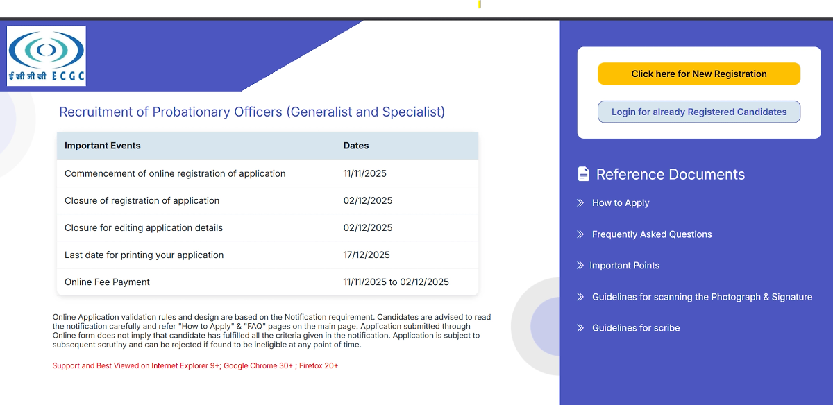 Ecgc Probationary Officers (Generalist And Specialist) Online Application 2025