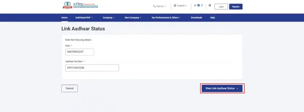 Pan Card Aadhaar Card Link Status Check Step 2