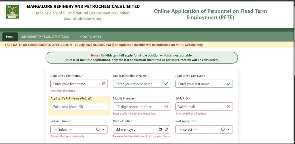 Mrpl Fo Online Form 2026