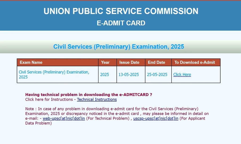 Upsc Cse Prelims Admit Card 2025