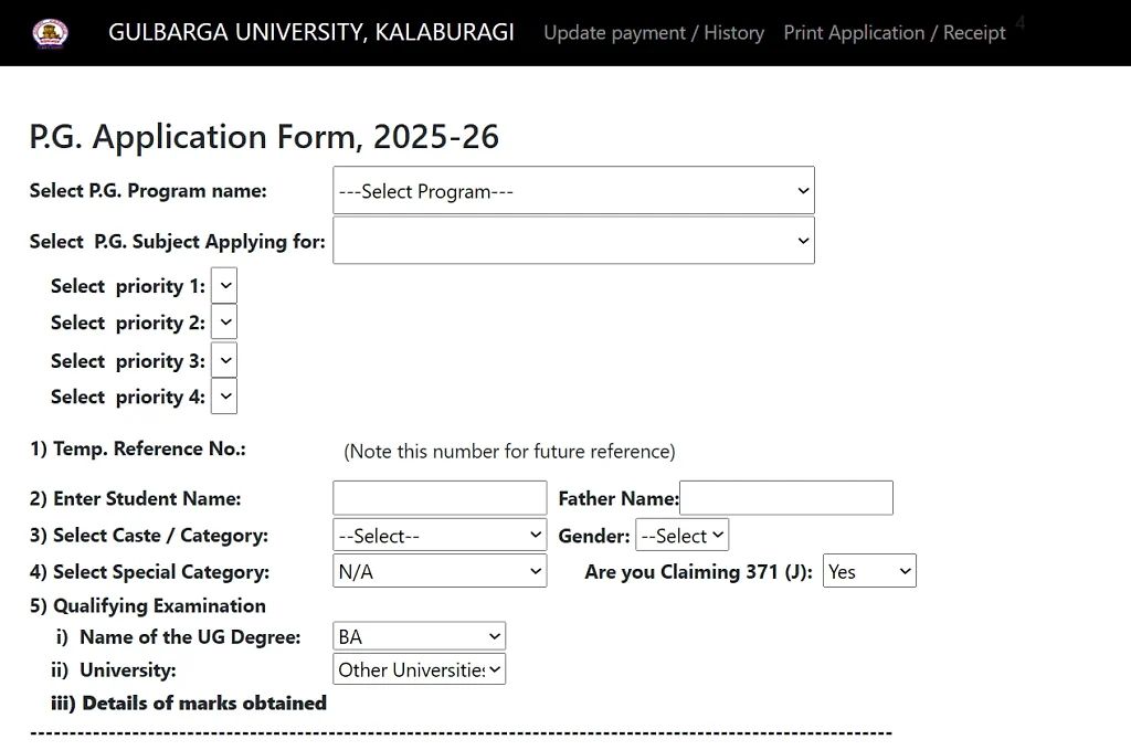Gulbarga University P.g. Application Form 2025-26