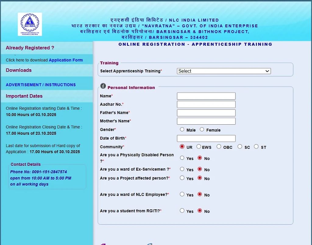 Nlc India Apprentice Online Application Form 2025-26