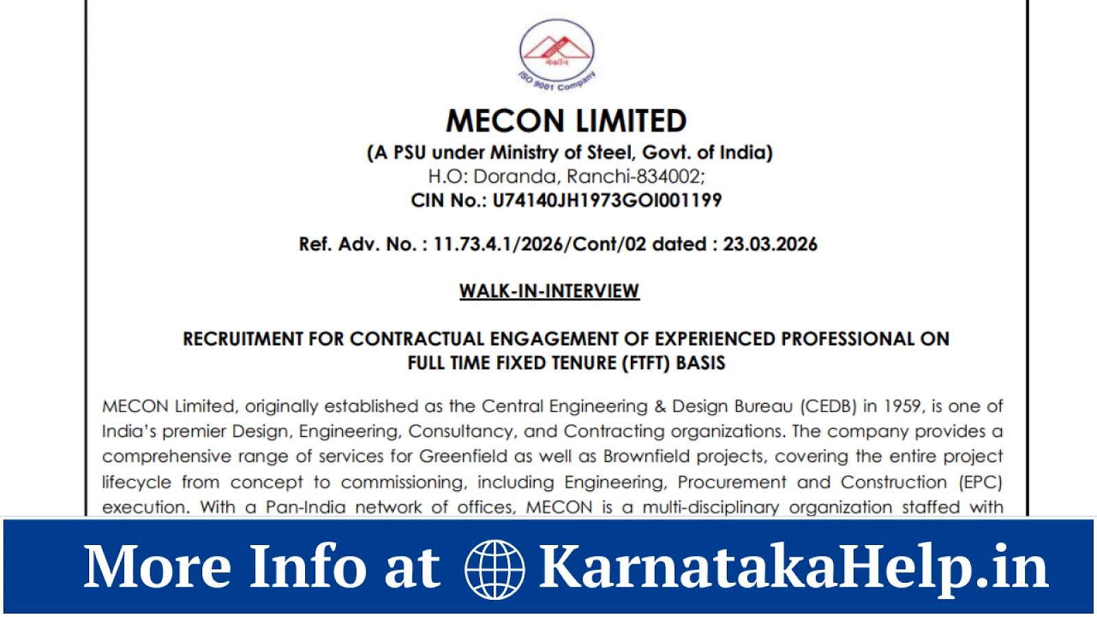 Mecon Limited Experienced Professionals Notification 2026