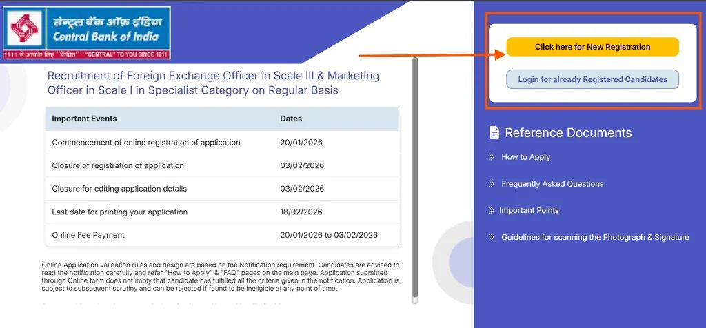 Central Bank Of India Foreign Exchange Officer And Marketing Officer Online Application Form 2026