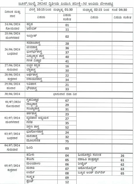 2Nd Puc Examination-3 Time Table 2024 Details