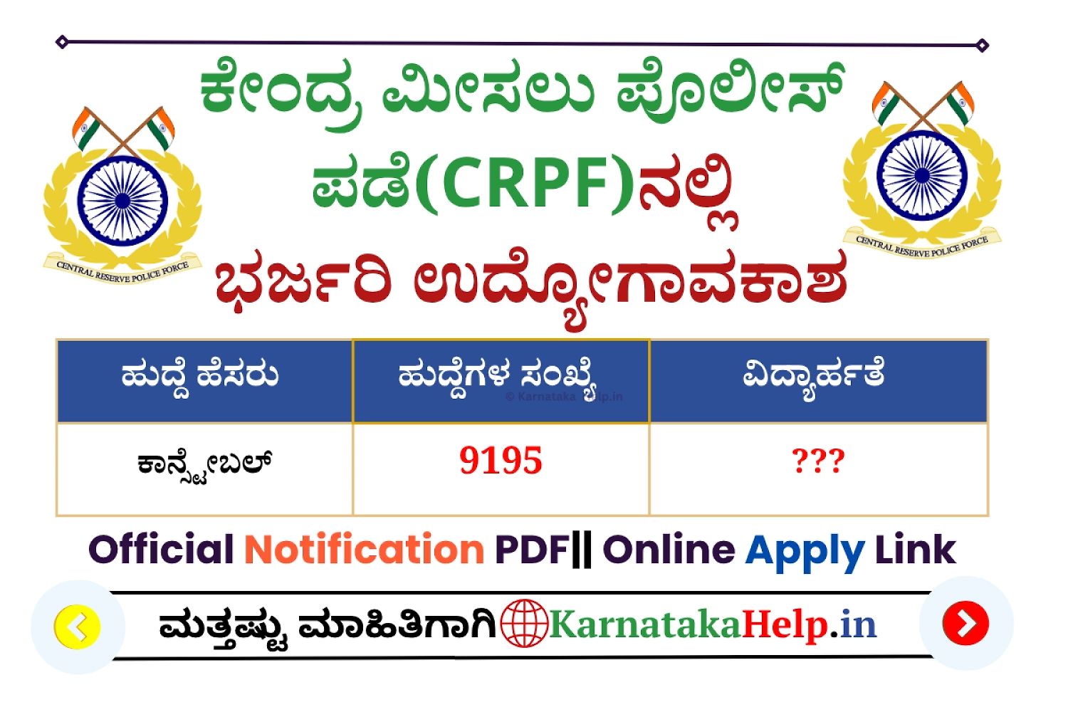 Crpf Constable (Technical &Amp; Tradesmen And Pioneer) Notification 2026 In Kannada