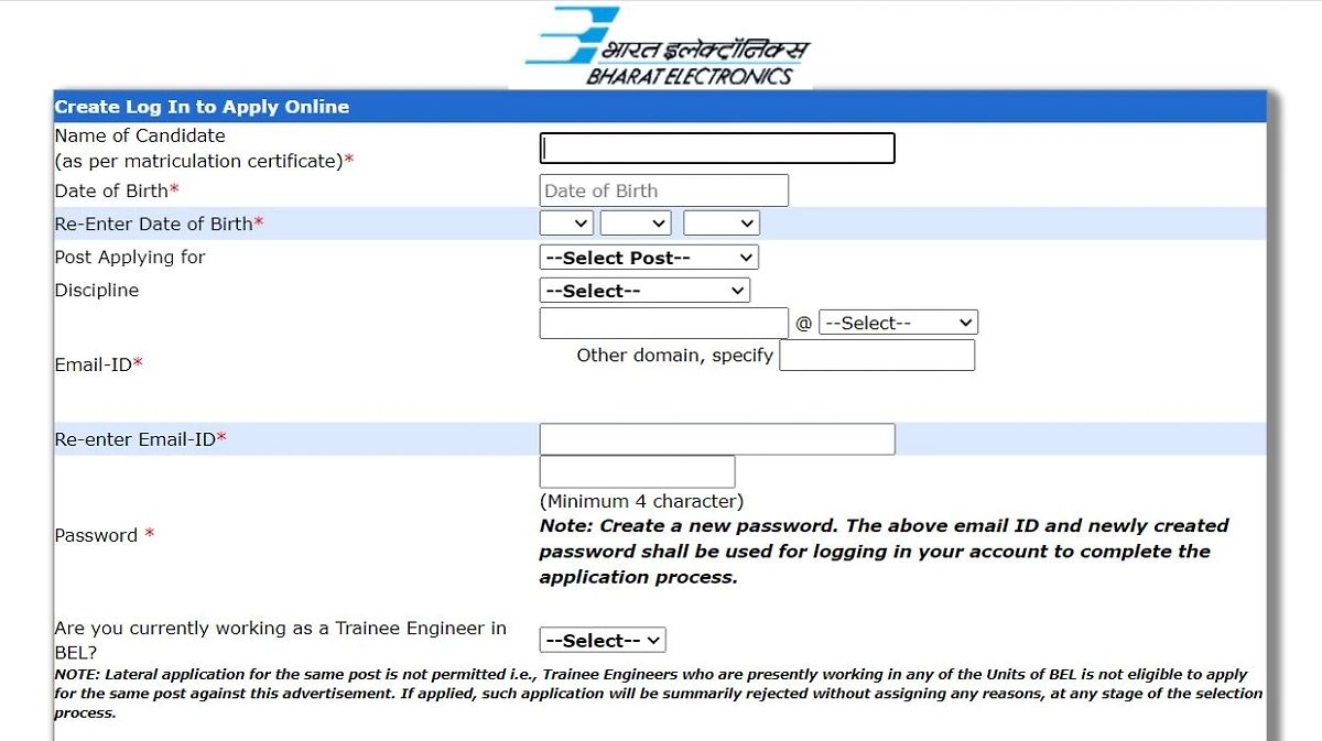 Bel Trainee Engineer-I Application Form
